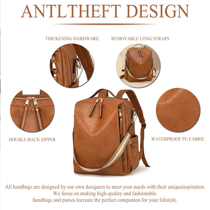 HONGLONG Laptop Backpack for Women Travel Backpack with 15.6 Inch Laptop Compartment, Multipurpose Design Convertible Large Backpack Purse Brown