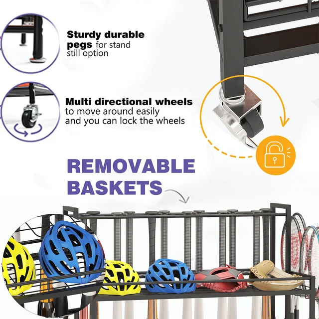 Techvida Sports Equipment Storage, Garage Sports Organizer, Baseball Bat Holder Holds 24 Bats Rolling Ball Cart with Wheels, Black