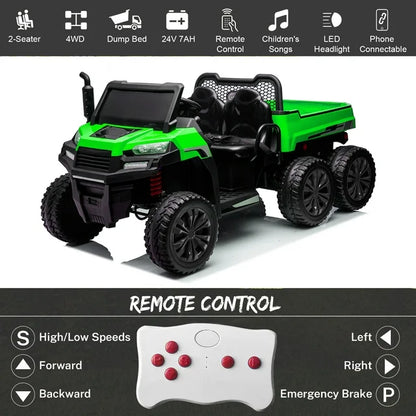 HNH 24V 2 Seater Ride on Car with Remote Control, Ride on Dump Truck with Dump Bed,Electric Car for Kids with 6 Wheels, Ride on UTV with LED Lights, Bluetooth