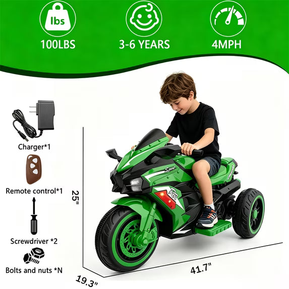 HNH 12V Ride On Motorcycle with Remote Control, Electric Motorbike for Kids, LED Tire and Bluetooth Music, Ride On Car for Gifts