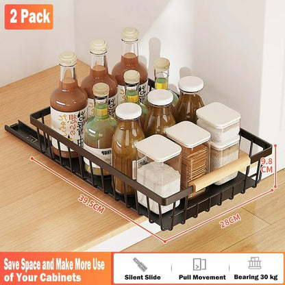 Cheelom 2 Pack Pull Out Cabinet Organizer, Metal Slide Out Drawers for Cabinets, Sliding Drawers Adhesive Nano Film Roll out Shelf for Kitchen