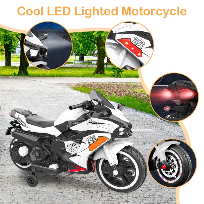 12v Motorcycle for Children, Ride on Motorcycle with Light Wheel and PU Seat, Electric Motorcycle for Kid, White