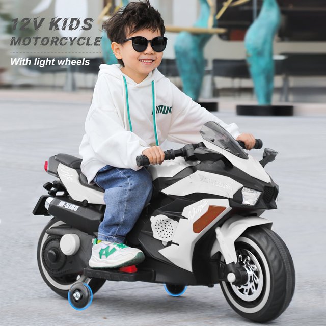12V Motorcycle for Girls Boys Ride on Motorcycle with LED Lights and Music Kids Electric Motorcycle for Children-White