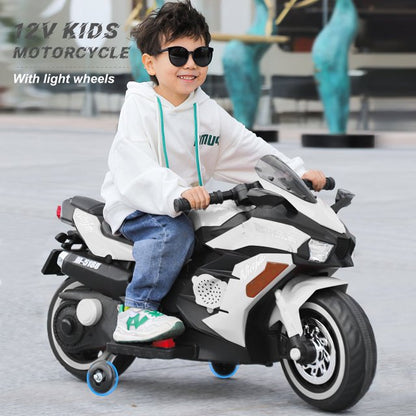 12V Motorcycle for Girls Boys Ride on Motorcycle with LED Lights and Music Kids Electric Motorcycle for Children-White
