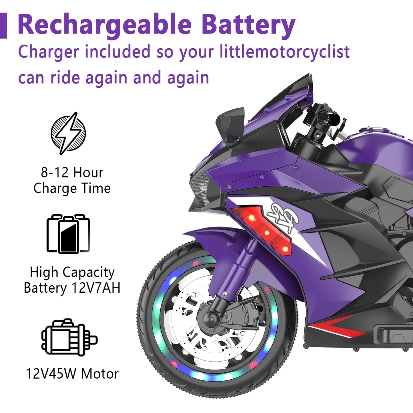 HNH 12V Electric Motorcycle for Kids, Powered Ride on Toys, 3 Wheels Motorcycle with LED Lights, Bluetooth Music, Violet