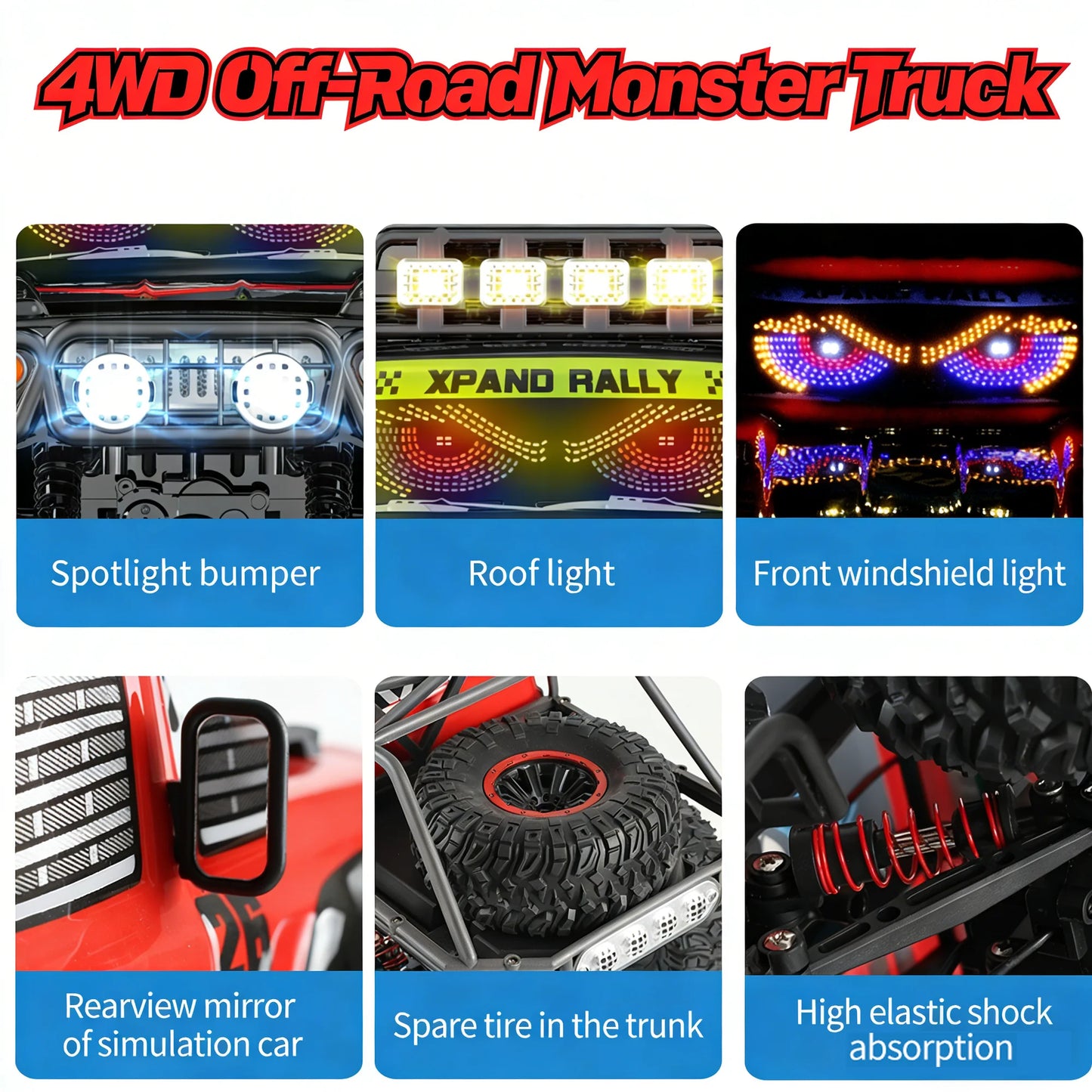 HNH 1:10 Scale 4WD Remote Control Car for Kids, 2.4GH Rc Car Off Road Monster Truck with LED Light, 2 Batteries, 25KM/H