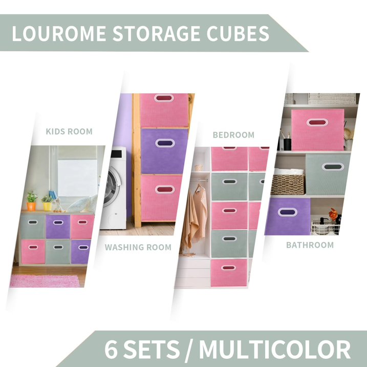 WERSEON 11 Inch Fabric Collapsible Storage Cubes, Set of 6 Foldable Storage Bins with Metal Handles, Cube Baskets for Organizing Clothes, Toys, Books, Gray+Pink+Purple
