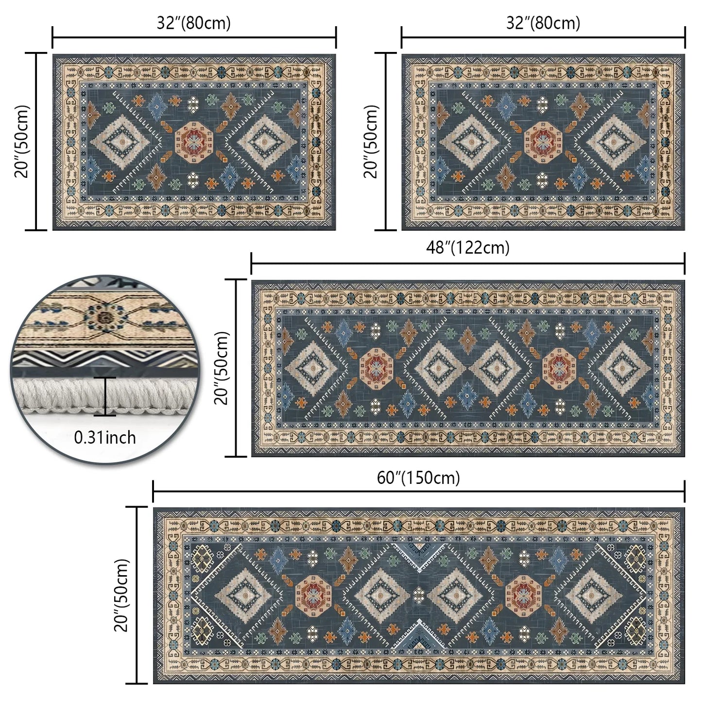 FoxHouse Kitchen Rugs 4 Piece Set,Washable Non Slips Boho Kitchen Floor Mat,Thickness Comfort Standing Mat for Kitchen,Dark Blue