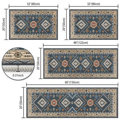 FoxHouse Kitchen Rugs 4 Piece Set,Washable Non Slips Boho Kitchen Floor Mat,Thickness Comfort Standing Mat for Kitchen,Dark Blue