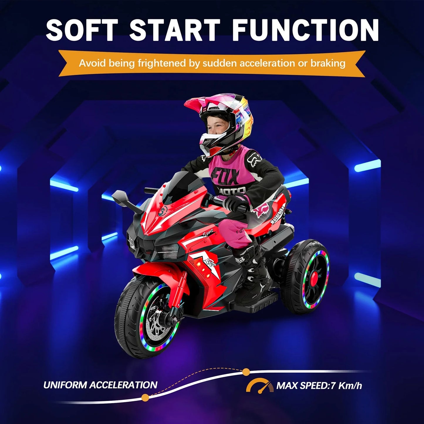 Cheelom Kids Motorcycle,12V Battery Powered Electric Vehicle with 3 Wheels, LED Lights, Foot Pedal, Red
