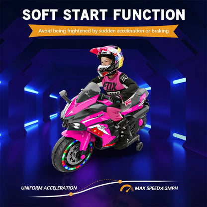 Werseon 12V Kids Ride On Motorcycle, Battery Powered Electric Motorcycle for Kids, Ride on Toy with LED Light Wheels, MP3, Bluetooth, Pink