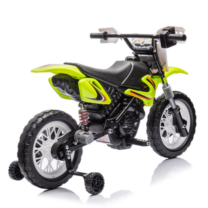 Motorcycle for Kids, 12V Electric Ride On Dirt Bike, 3.73 Mph Top Speed, Headlights, Training Wheels, Realistic Sounds, Music, Battery Charger-Green