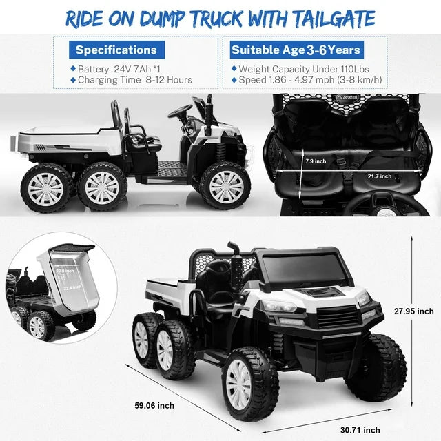 HNH 24V 6 Wheels Ride on Dump Truck with Dump Bed, 2 Seater Kids Ride on Truck Car with Remote Control, Electric car for kids
