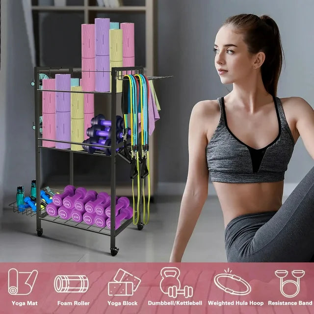 Techvida Yoga Mat Storage, Gym Equipment Storage, Cart for Organizing Workout Room, Home Gym Storage with Hooks and Wheels