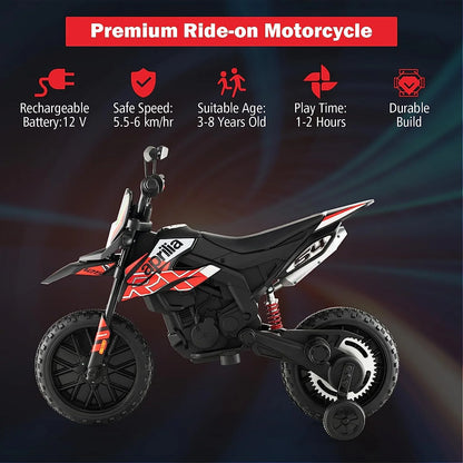 12V Kids Motorcycle, Licensed Aprilia Electric Motorcycle Ride On Toy w/Training Wheels, Spring Suspension, LED Lights, Sounds & Music, Battery Powered Dirt Bike for Boys & Girls, Red