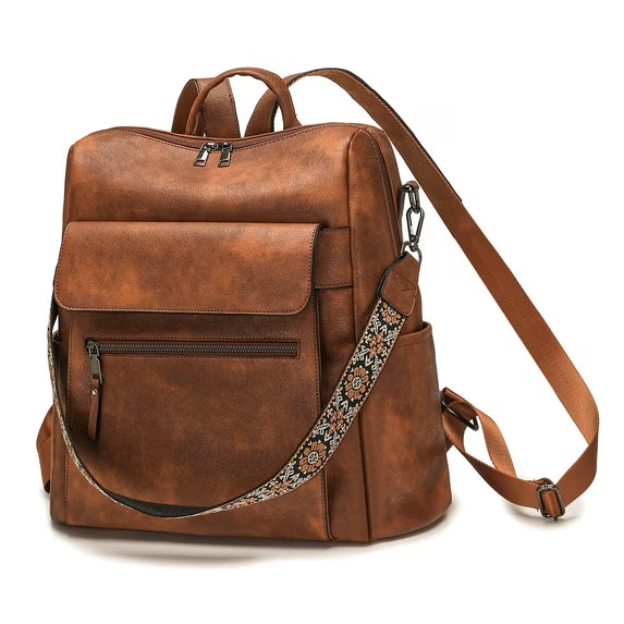 HONGLONG PU Leather Backpack Purse for Women Large Fashion Designer Travel Backpack Ladies Shoulder Bag - Brown
