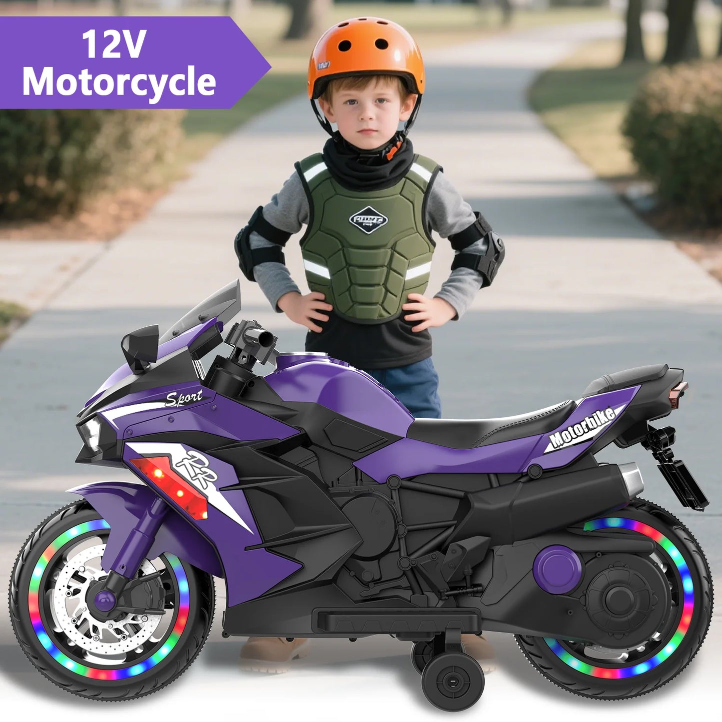HNH 12V Ride on Toys, Kids Ride on Motorcycle, Electric Motorcycle with Training Wheels, Violet