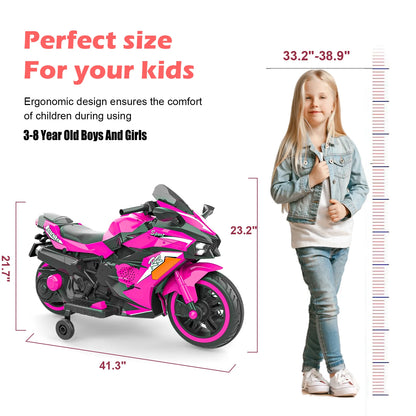 HNH 12V Ride on Motorcycle for Kids, Child Battery Powered Motorcycle with LED Lights Wheels and Bluetooth Music (Pink)