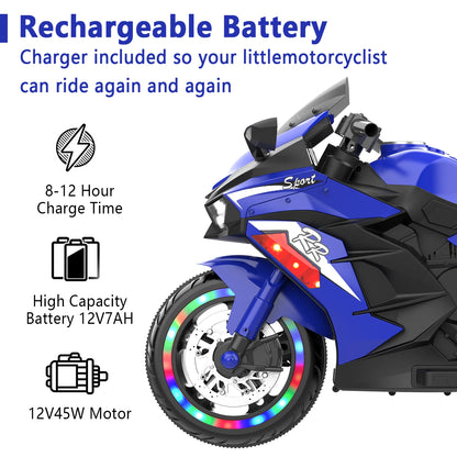 NH 12V Ride on Toys for Kids, Motorcycle with Training Wheels, Electric Motorcycle with Music, Bluetooth, Lights, Blue