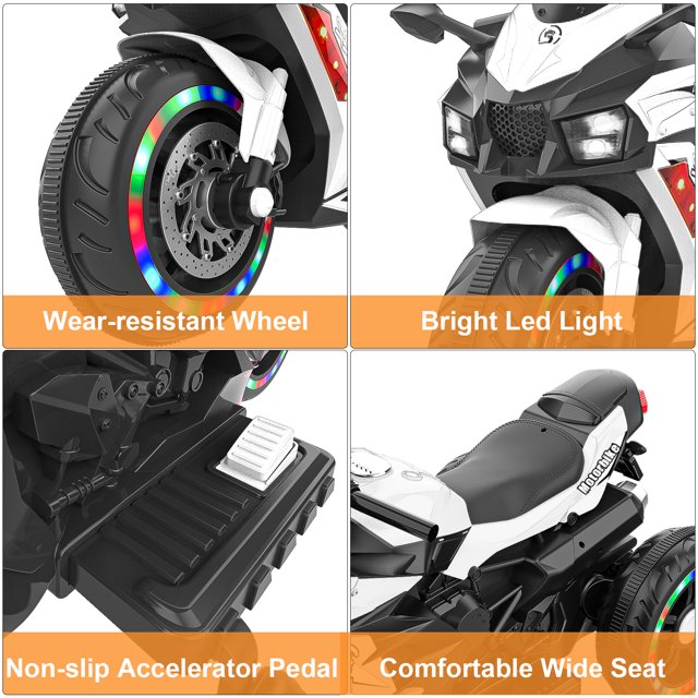 Cheelom Battery Powered Electric Vehicle for Kids, 12V Kids Motorcycle with 3 Wheels, LED Lights, White