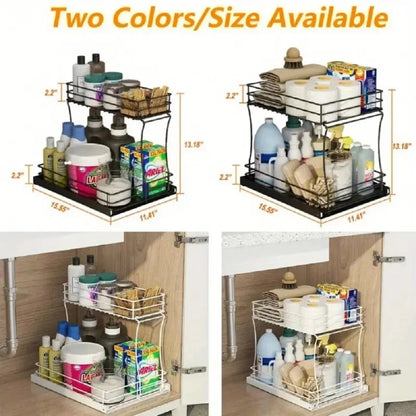 TECHVIDA Sink Organizer Storage, 2 Tier L-Shape Multi-Purpose Large Capacity Kitchen Under Sink Organizers Rack for Narrow Space Easy Access Sliding Storage Drawer with Hooks for Bathroom