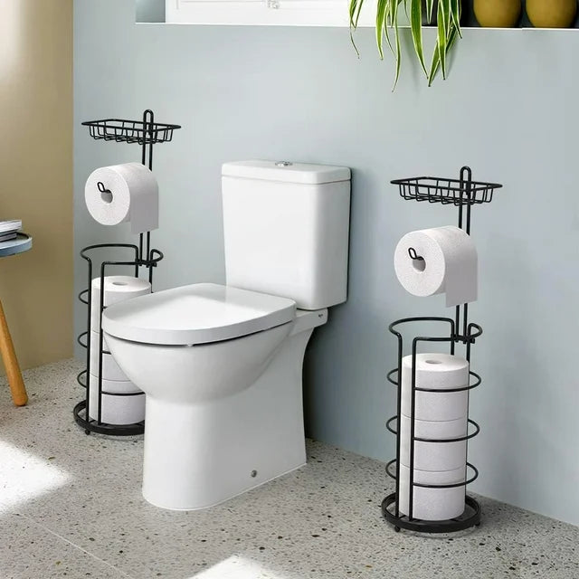 Techvida 2 Pack Toilet Paper Holder, Free Standing Toilet Roll Holder No Drilling, Bathroom Toilet Paper Stand with Shelf