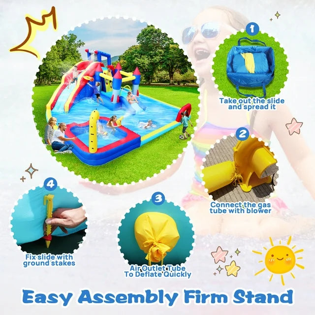 7 in 1 Inflatable Water Slide Kids Bounce House with Splash Pool & Water Gun & Basketball & Climbing Wall & Dual Pools & Soccer