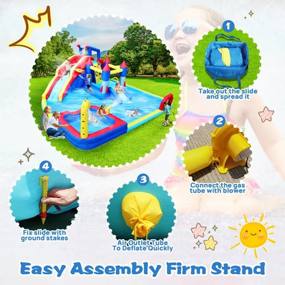 7 in 1 Inflatable Water Slide Kids Bounce House with Splash Pool & Water Gun & Basketball & Climbing Wall & Dual Pools & Soccer