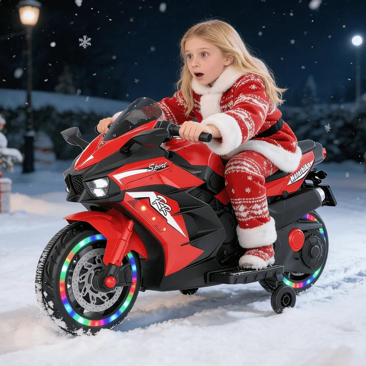HNH 12V Ride on Motorcycle, Kids Motorcycle with Training Wheels, Electric Motorcycle with Music, Bluetooth, Lights