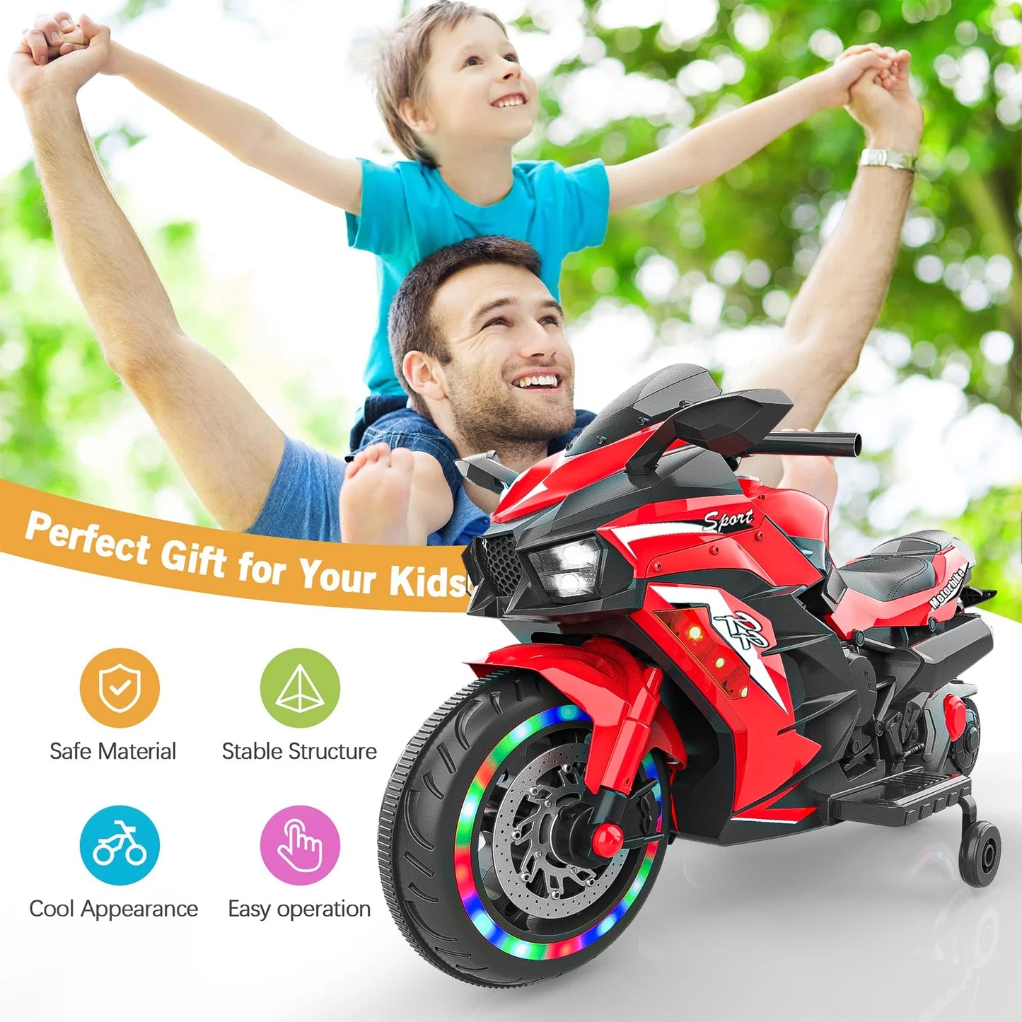Cheelom Kids Motorcycle,12V Ride on Motorcycle Kids Toys, Children Electric Motorcycle with Hand Racing, PU Seat, Red