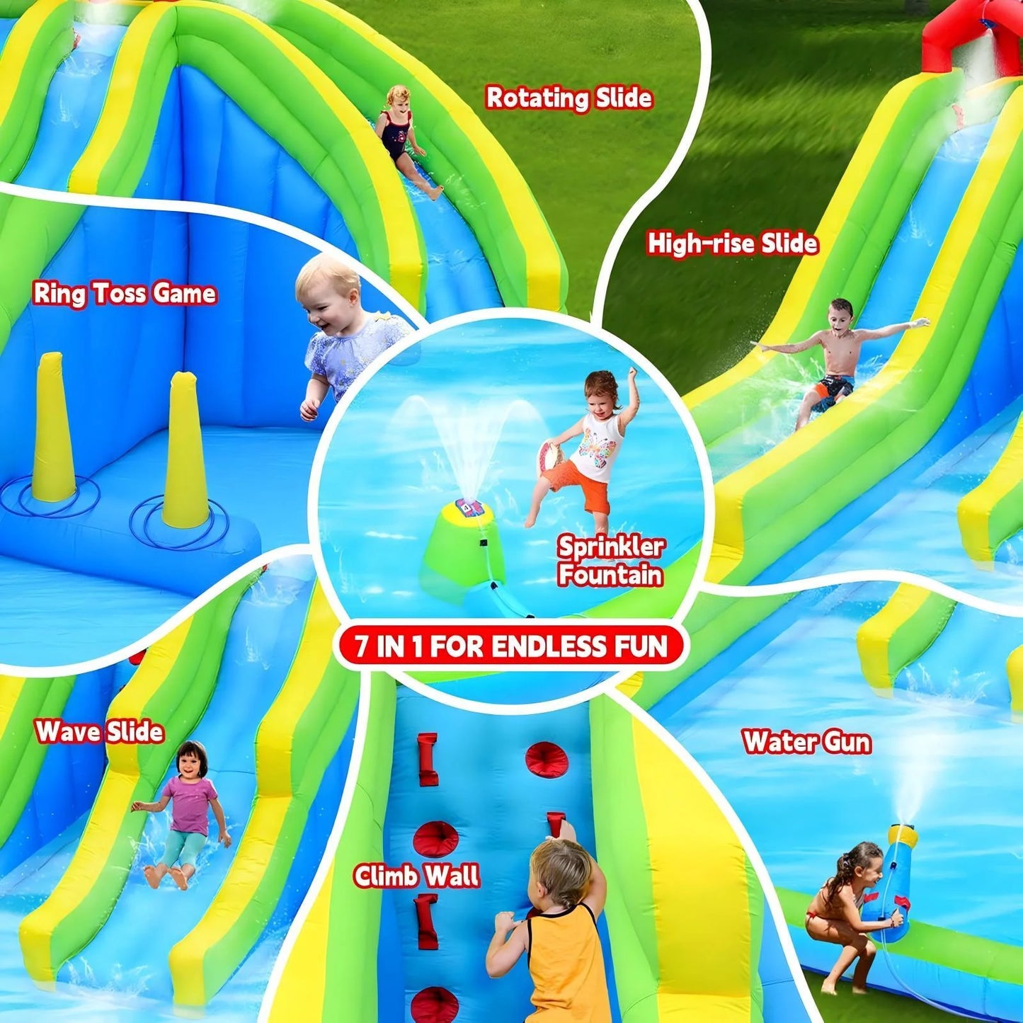 HNH Inflatable Water Three Slides Park, 7 in 1 Bounce House with Water Gun Sprinkler Fountain Climbing Wall, Jumping Castle with Air Blower