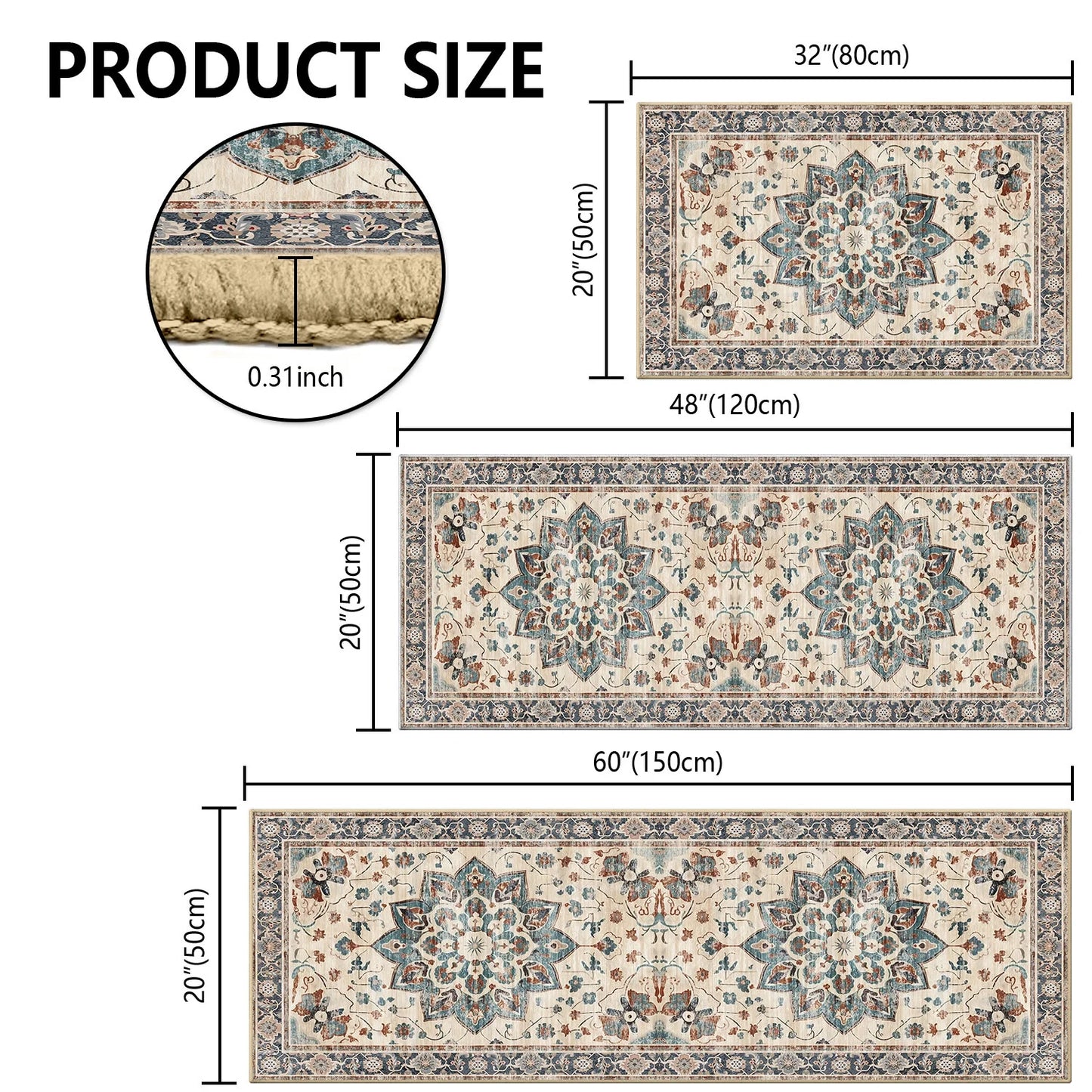 TECHVIDA Kitchen Rugs 3 Piece Set,Non Slip Machine Washable Kitchen Mats,Boho Vintage Abstract Kitchen Carpet for Farmhouse Living Room Hallway