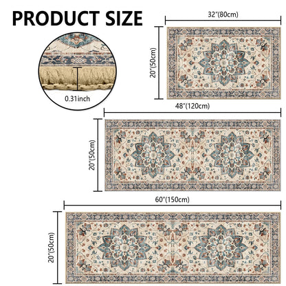 TECHVIDA Kitchen Rugs 3 Piece Set,Non Slip Machine Washable Kitchen Mats,Boho Vintage Abstract Kitchen Carpet for Farmhouse Living Room Hallway