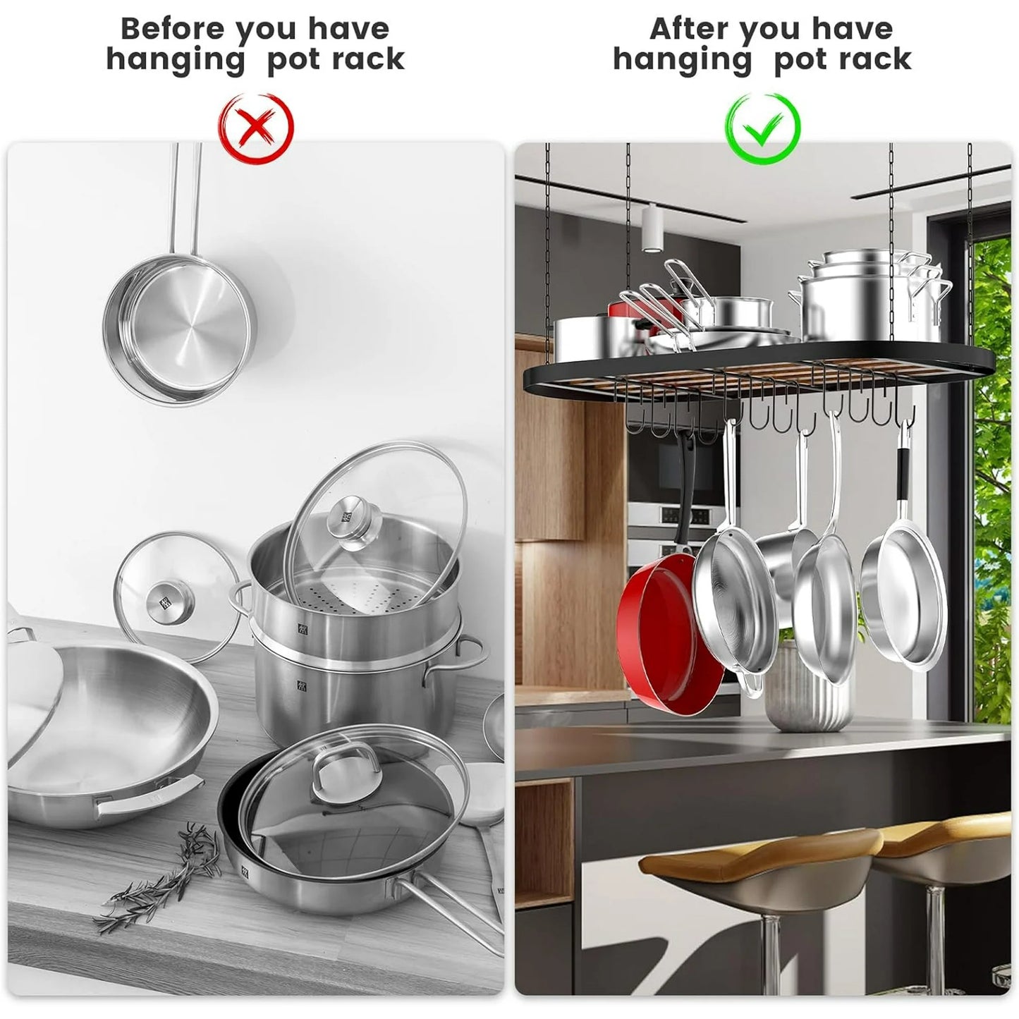 WERSEON Ceiling Mount Hanging Pot Rack, Pot Hanger Pots and Pans Organizer, Heavy Duty Cooking Hanger with 12 Hooks