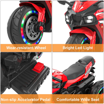 Cheelom Kids Motorcycle,12V Battery Powered Electric Vehicle with 3 Wheels, LED Lights, Foot Pedal, Red