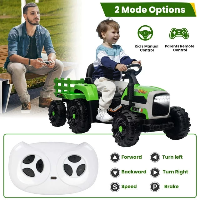 ZOGYMOZ 12V Ride on Tractor with Trailer, Kids Ride on Truck, Powered Ride on Toy Car with Remote-Green
