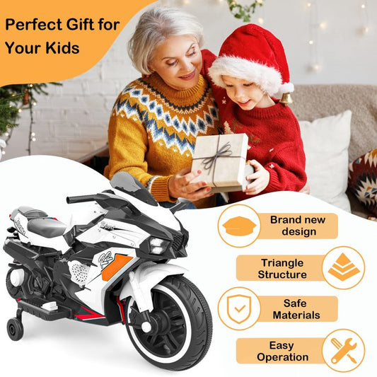 12v Motorcycle for Children, Ride on Motorcycle with Light Wheel and PU Seat, Electric Motorcycle for Kid, White