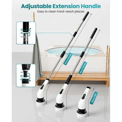 TECHVIDA Electric Spin Scrubber, Cordless Cleaning Brush, Shower Cleaning Brush with 9 Brush Heads 2H Power Dual Speed, Adjustable Extension Handle, IPX7 Waterproof for Tub Tile Floor Car, White