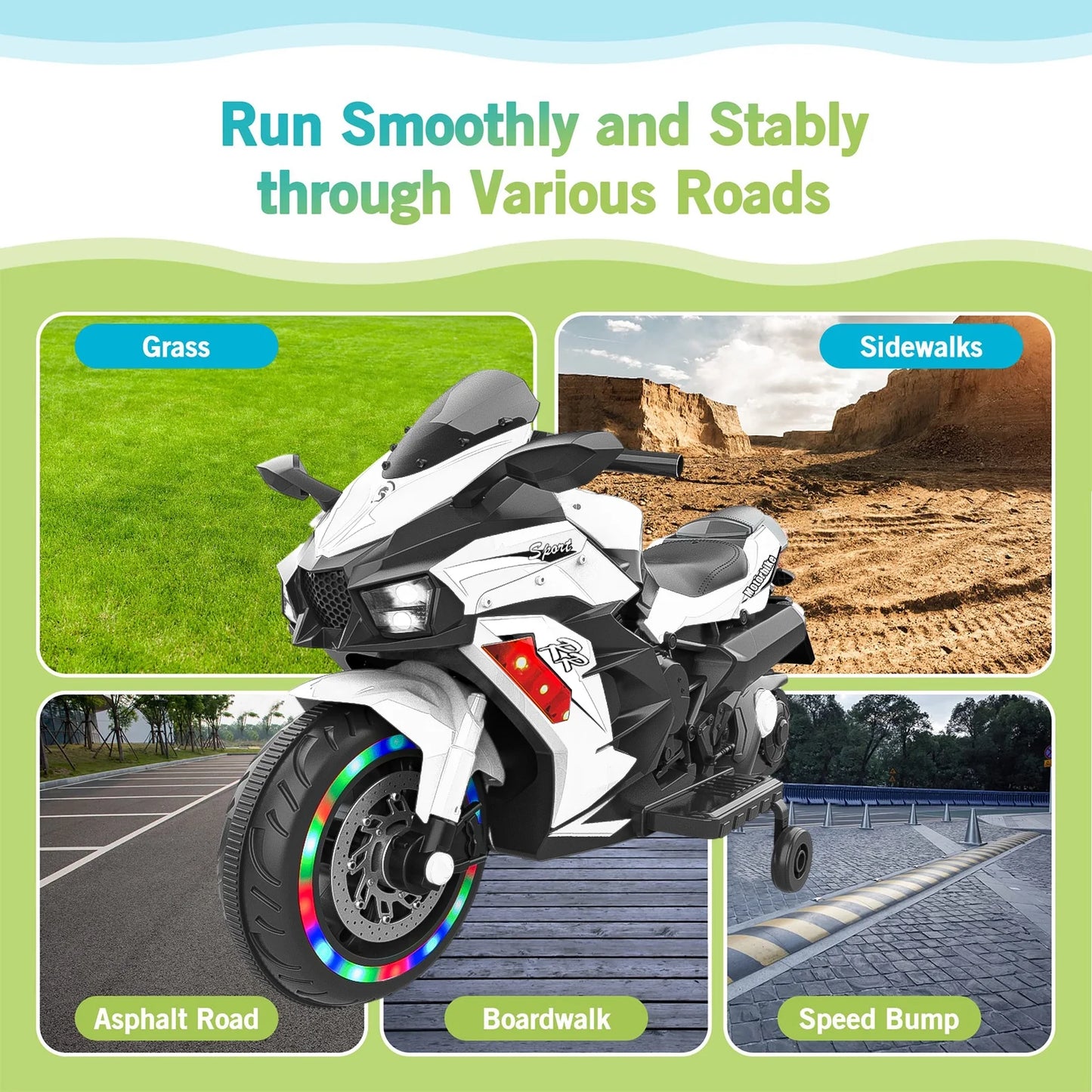 Cheelom Kids Motorcycle,12V Ride on Motorcycle Kids Toys, Children Electric Motorcycle with Hand Racing, PU Seat, White