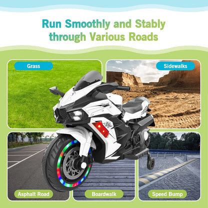 Cheelom Kids Motorcycle,12V Ride on Motorcycle Kids Toys, Children Electric Motorcycle with Hand Racing, PU Seat, White