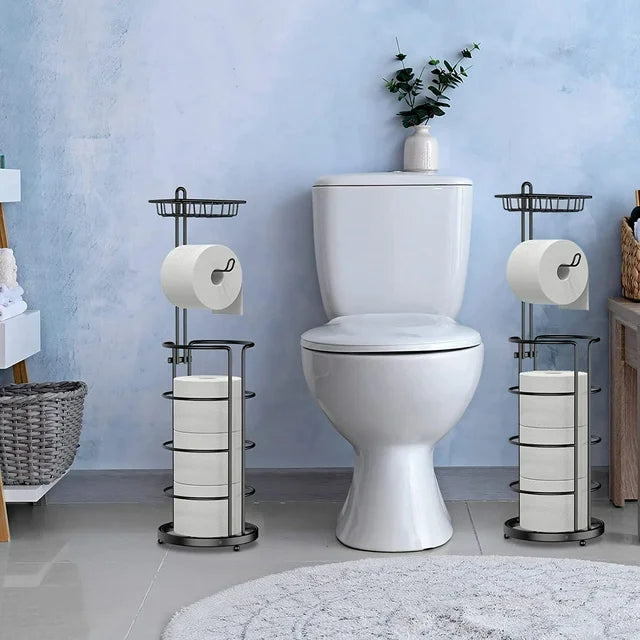 Techvida 2 Pack Toilet Paper Holder, Free Standing Toilet Roll Holder No Drilling, Bathroom Toilet Paper Stand with Shelf