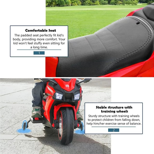 Spoway 12V Kids Ride on Motorcycle, Electric Battery Powered Ride On Motorcycle 3-6 Years Boy Girls, Light Wheel and PU Seat, Bluetooth, Mp3-Red