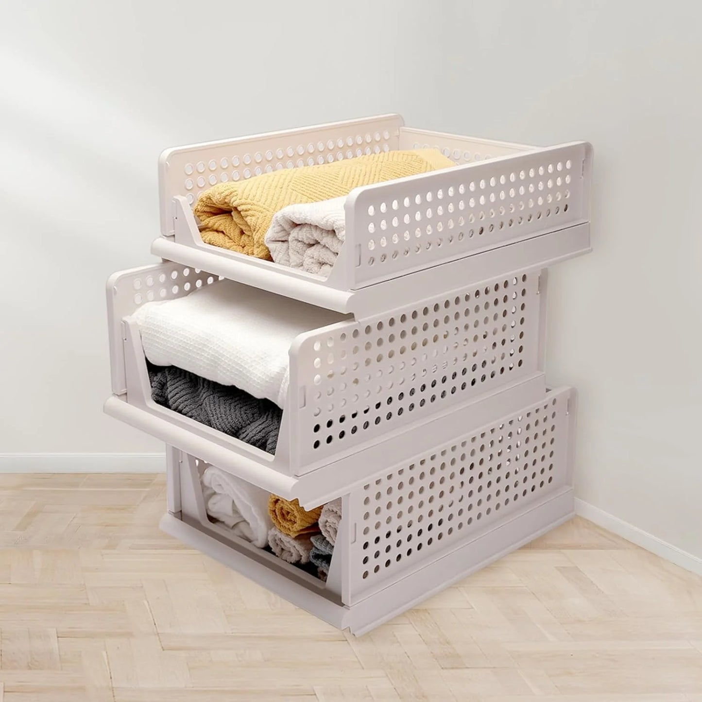 Stackable Plastic Storage Basket, 4 Pack Foldable Closet Organizers and Storage Bins, Closet Stackable Drawer Shelf Storage Container for Cupboard Bathroom Office Bedroom