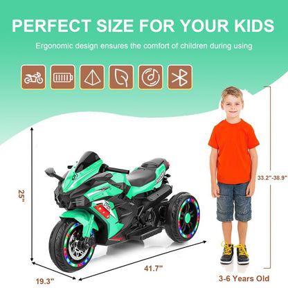 HONGLONG Ride on Toys 12v Battery Powered Ride on Motorcycle for Kids 3 Wheels Motorcycle with LED Lights Music Green,Child