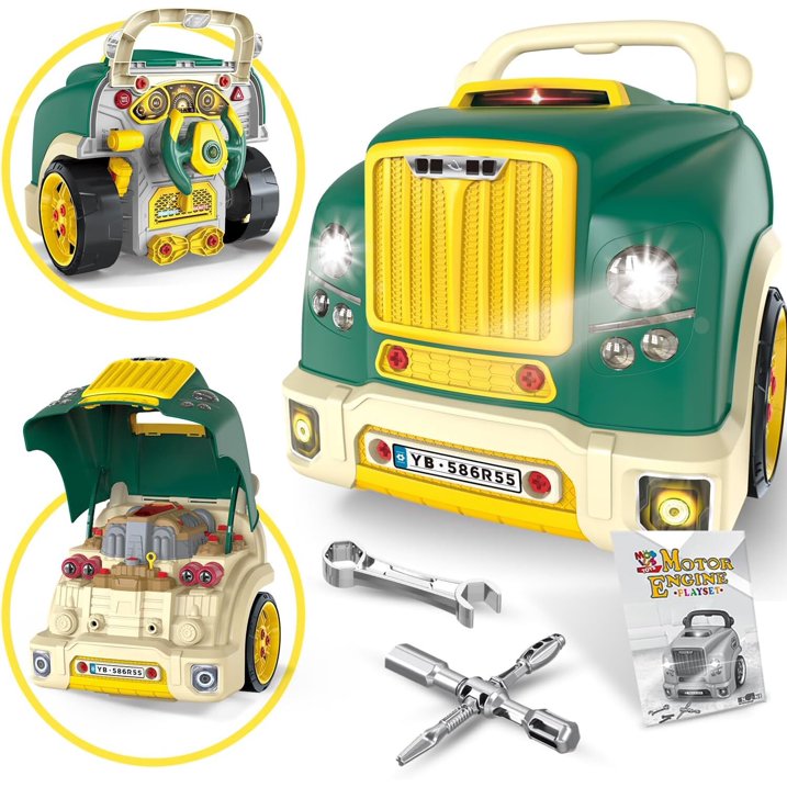 HNH Kids Truck Engine Toy Set for 3-6, Kids Mechanic Repair Set, Take Apart Motor Vehicle, Pretend Play Car Service Station with Light Horn Alarm