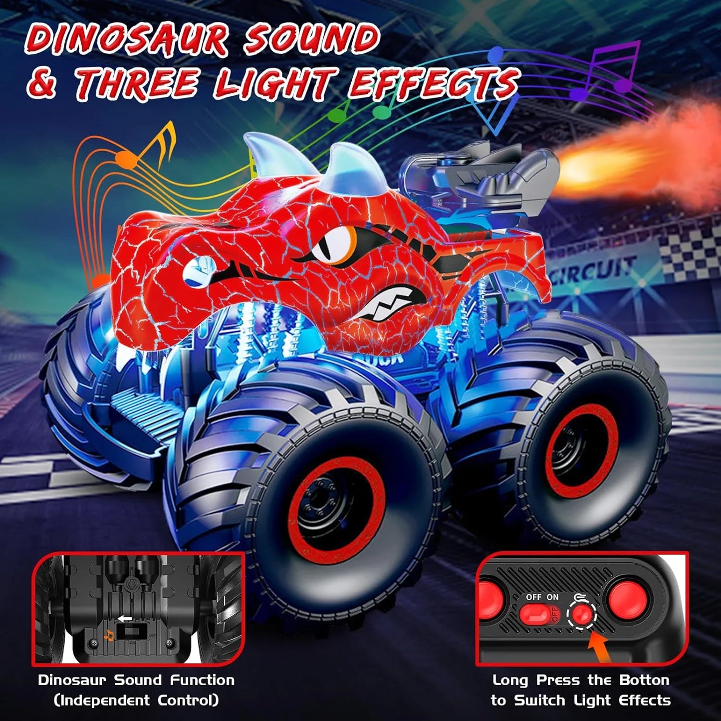 Remote Control Car, Monster Trucks RC Cars for Boys 4-12 with Spray, Light & Sound, Dinosaur Toys for Kids 3 4 5 6 7 8 with 2 Batteries, Gifts for Boys Girls