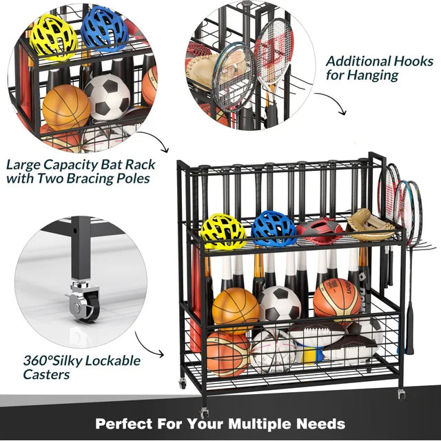 WERSEON Garage Sports Equipment Organizer, Basketball Storage Rack, Sports Organizer Cart with Basket and Hooks