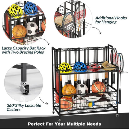 WERSEON Garage Sports Equipment Organizer, Basketball Storage Rack, Sports Organizer Cart with Basket and Hooks