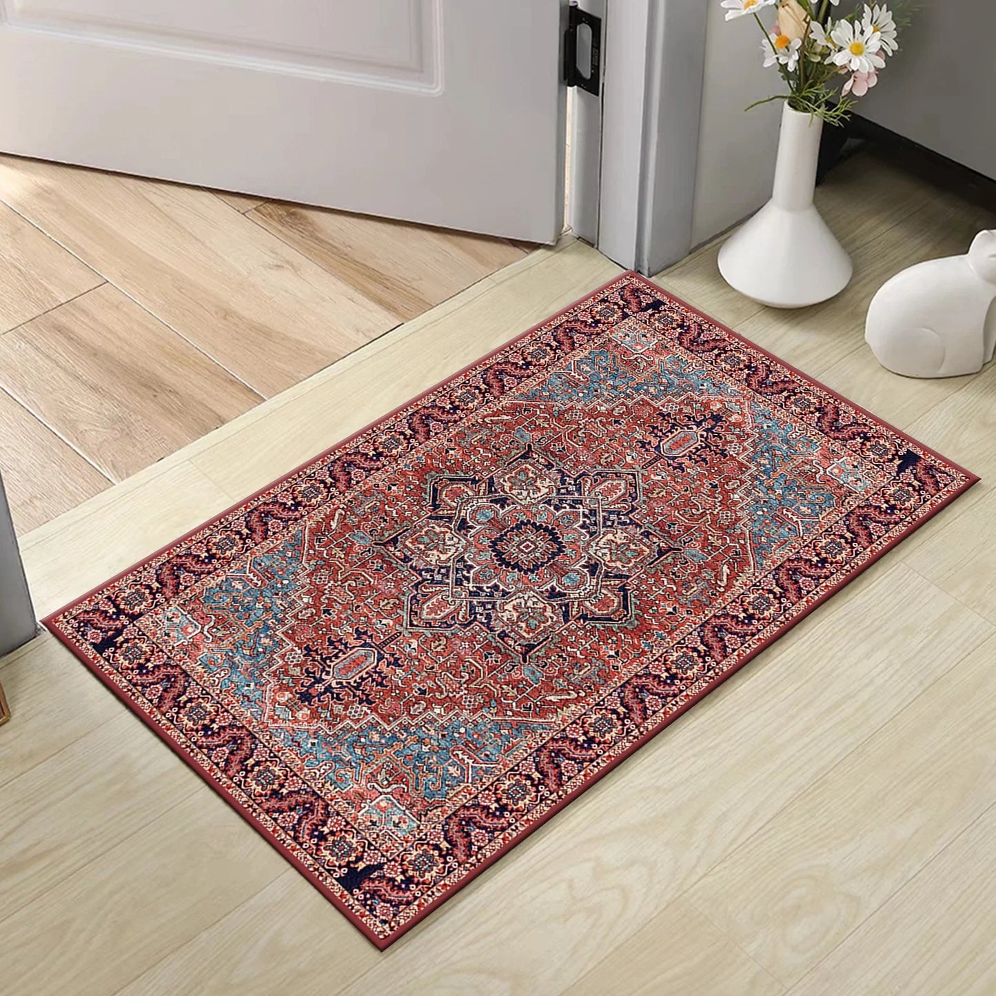 TECHVIDA Kitchen Rugs 3 Piece Set,Non Slip Machine Washable Kitchen Mats,Boho Vintage Abstract Kitchen Carpet for Farmhouse Living Room Hallway