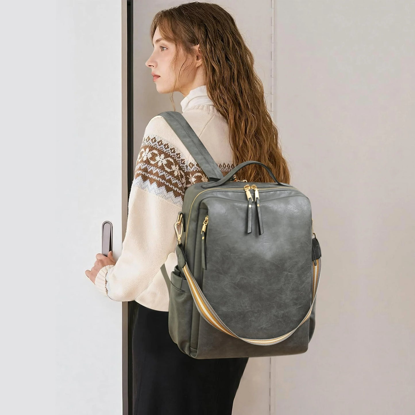 HONGLONG Laptop Backpack for Women, Leather Backpack Purse Convertible Backpack Purse Ladies Large Travel Bag Shoulder Bag Gray